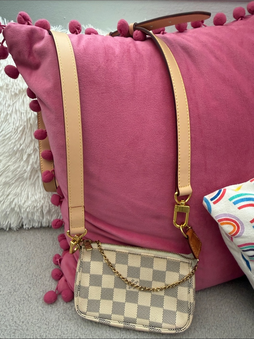 Louis Vuitton Mini Pochette Accessories in Damier Azur canvas w/LV chain & Strap
